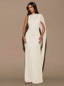 SHEIN BAE Women's Asymmetric Ruched Halter Dress, Cream White, Suitable For Valentine's Day, Party Dinner, Romantic Elegant Date, Bridesmaid, Prom, Birthday - Apricot - View 1