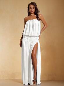 SHEIN BAE Lässiges, sexy, einfarbiges, locker tailliertes Kleid mit Schlitz, geeignet für Urlaub, Strandreise, Strandresort, Party, Cocktailparty, hellblaues Kleid, langes blaues Kleid, elegantes Kleid - Weiss - Übersicht 3