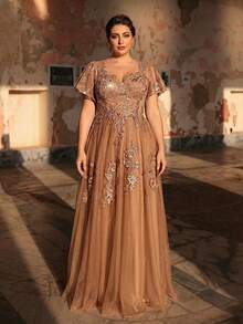 Serin Đầm cỡ lớn sang trọng, thanh lịch màu xám, cổ tàu, tay bồng, thiết kế đính kết tinh tế, vạt rộng, thích hợp cho tiệc tối, hẹn hò, dạ hội, kỳ nghỉ, đám cưới, hoặc làm đầm cho mẹ cô dâu. - Hồng - Xem 8