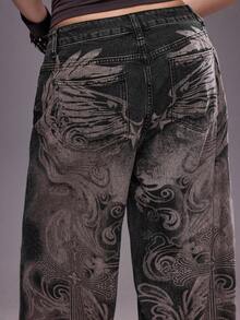 ROMWE Grunge Punk Punk Street Vintage Washed Cross Print Low Waist Oversized Fit Jeans - Multicolor - View 3
