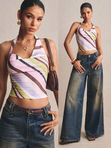 Poéselle 女士深V领条纹露脐吊带上衣 - 彩色 - 查看 2