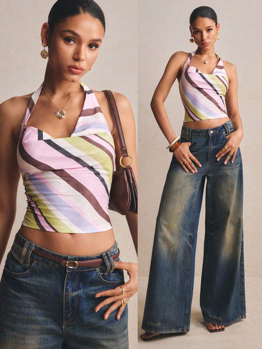 Poéselle 女士深V领条纹露脐吊带上衣