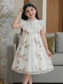 SHEIN Young Girl Elegant White Summer Traditional Wedding Dress,Floral Embroidered Mesh Ruffle Hem Princess Gown For Birthday,Graduation & Flower Girls - Green - View 3