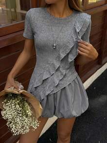 FRIFUL 2pcs Women's T-Shirt And Shorts Set, Asymmetrical Ruffle Hem Tight Fit Crop Top And Ruched Waist Shorts Outfit Lounge Sets For Women - Grey - View 10
