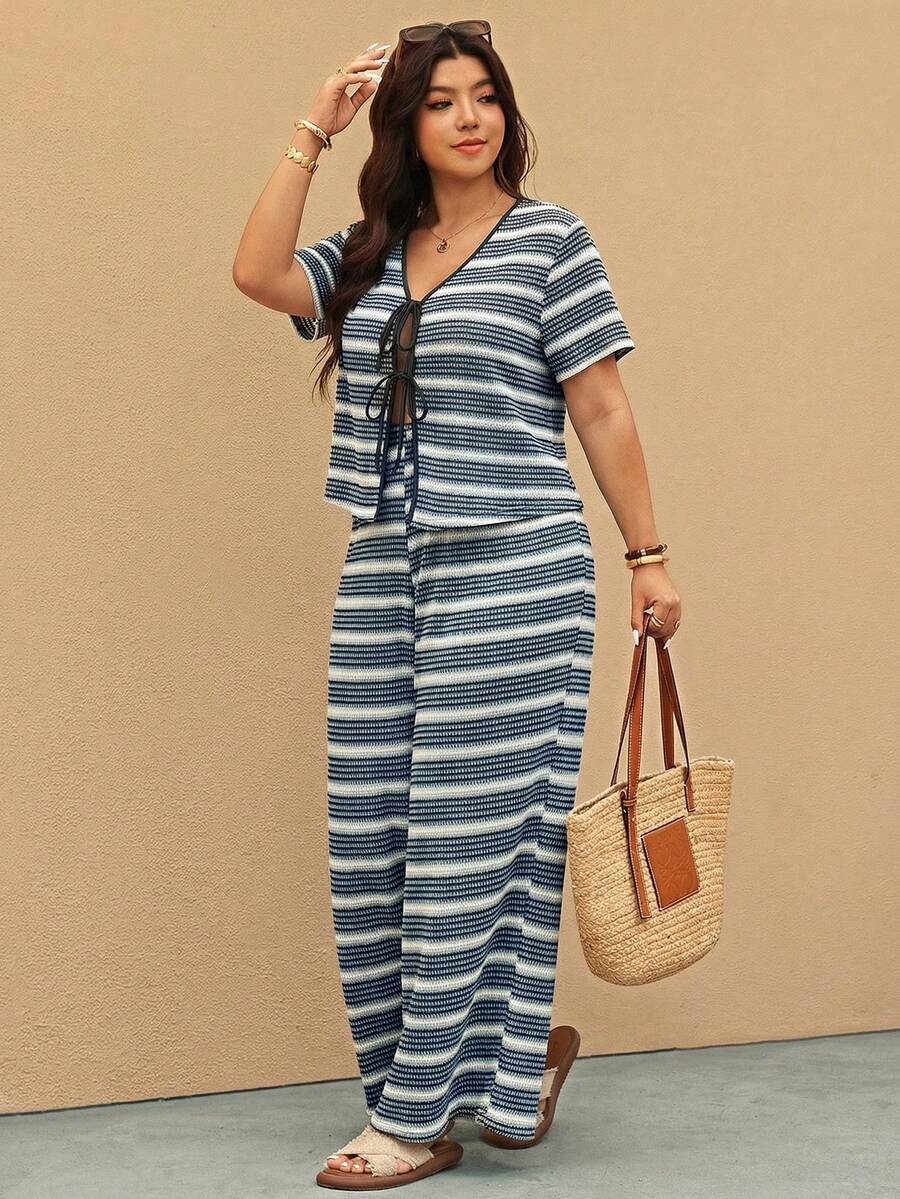 Elaquor 大码女式条纹系带短袖上衣和阔腿裤休闲两件套 - 藏蓝色 - 查看 1