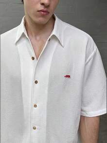 NEON BLANC Men's Woven Casual Coconut Tree Embroidery Front Button Short Sleeve Shirt, Summer, Hawaii ,Vacation - White - View 6