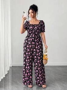 GlowEve CURVE Bộ jumpsuit dài tay phồng, thắt eo họa tiết hoa nhí dành cho nữ cỡ lớn - Hồng - Xem 5