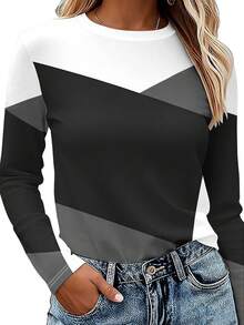 EMERY ROSE Set de 3 camisetas de manga larga para mujer, con diseño de bloqueo de color y estampado de patchwork, diseño de patrón clásico, versátil, adecuado para uso al aire libre, viajes y uso diario, cómodo - Multicolor - Ver 13