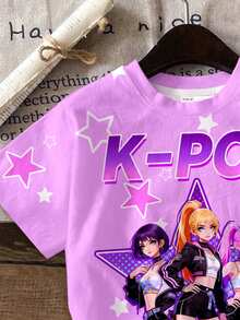 SHEIN 两件套少女休闲简约卡通女孩肖像套装，亮紫色，K-Pop 超级明星，卡通女子组合印花，圆领短袖T恤和短裤套装，适合夏季穿着 - 彩色 - 查看 4