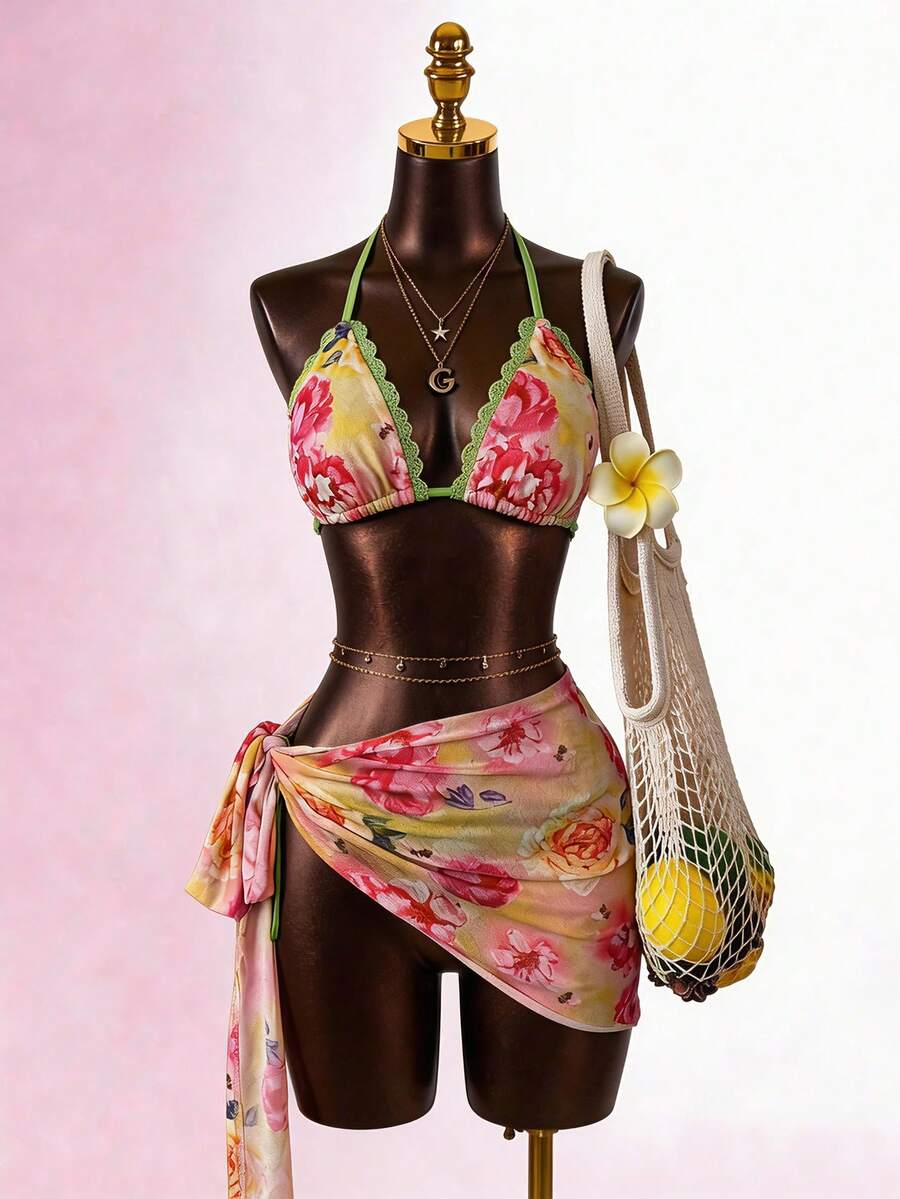 SaltGleam SaltGleam Women's Sexy Floral Print Lace Trim Halter Bikini Set With Cover-Up And Skirt - Multicolor - View 1