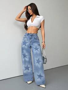 SHEIN PETITE Quần jeans nữ màu xanh dương đính kim cương lấp lánh, cạp thấp, ống rộng, phong cách lễ hội âm nhạc Y2K. - Màu xanh lam - Xem 6