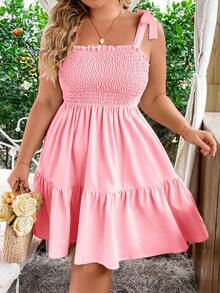 Vionelle Plus Size Solid Color Ruffle Hem Summer Tie-Up Casual Sleeveless Shirred Dress - Pink - View 1