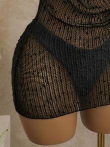 Bonvoyette 三件套，纯色特殊纹理面料金色圆盘装饰三角上衣、高衩泳裤和连衣裙，性感女士泳装套装，春夏款 - 黑色 - 查看 5