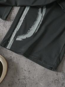 Coolqubz 2件套青少年男童深色系短袖套装，时尚简约印花手绘图案设计，舒适贴身，街头风，日常休闲装 - 深灰色 - 查看 4