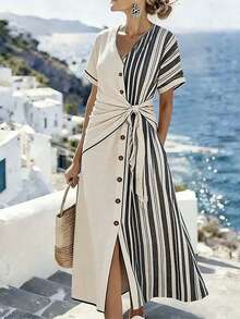 SHEIN Holidaya Abito lungo elegante da donna con scollo a V, maniche corte, asimmetrico, a righe, con patchwork, con fiocco davanti, abiti casual estivi da donna per vacanze, abiti da donna per vacanze in Grecia, abiti nautici da donna, abito Zanea da donna - Albicocca - Visualizzare 2