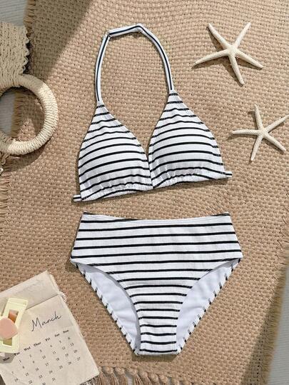 少女条纹比基尼套装 - 黑白条纹露脐吊带上衣，黑白条纹三角带衬垫泳裤，保守舒适，适合游泳、泳池、冲浪、度假、海滩等场合。