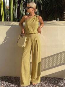 Livesso Spring & Summer Fashion Yellow Bow Metal Decor Asymmetrical Shoulder Short Top Tee & Straight Leg Casual Pants 2-Piece Set, Business Casual, Vacation, Commute Wear For Women - Mustard Yellow - View 3