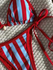 Swim Vcay 2026春夏款吊带红蓝条纹+纯红色抽绳露背高衩两件式比基尼泳衣（女款） - 彩色 - 查看 3