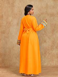 Brilight Gaun Wanita Elegan dan Sopan, Jubah Arab Timur Tengah Berwarna Oranye dan Biru, Motif Tradisional, Sempurna untuk Makan Malam Liburan Musim Gugur, Pesta & Perayaan - Jeruk - View 2