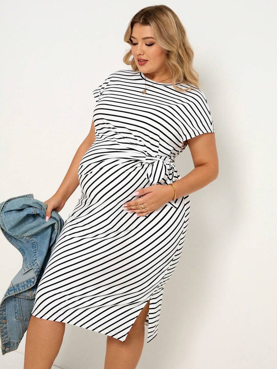 SHEIN Maternity Plus Size Striped Round Neck Short Sleeve Side Knot Casual Dress Summer Dresses Work Outfits - Black and White - View 1
