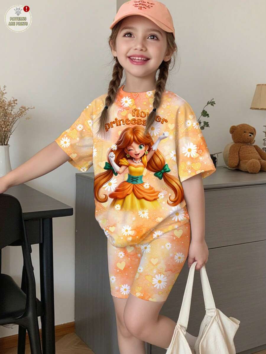 SHEIN 2件套 少女休闲可爱甜美公主风动漫少女雏菊扎染短袖T恤和短裤夏季套装 - 彩色 - 查看 1