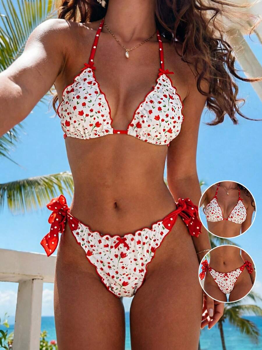 Swim Mod Women's Floral Polka Dot Bow Tie Swimwear Set, 2-Piece Summer Holiday Beach Outfit - Multicolor - View 1