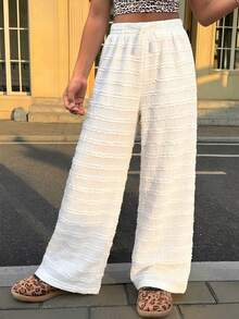 Tween Girls' Spring/Summer Vacation Beach Casual Versatile Ruffled Knit Texture Loose Wide Leg Pants, Suitable To Pair With Camisole - Apricot - View 3