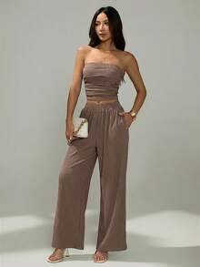 SHEIN PETITE Women's Summer Casual Solid Color Ruched Bandeau Top And Pants 2 Pieces Set - Brown - View 5