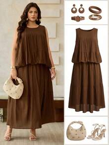 Roveilla Plus Size Women's Spring/Summer French Elegant Luxury Minimalist Design Casual Bohemian Vacation/Work Commute Vintage Style Comfortable Solid Color Semi-Sheer Sleeveless Blouse With Drawstring Waist And Pockets, Long Skirt Women Clothes Women's Dress Brown Dresses Women Casual Dresses Brown Dresses For Women Dress For Women Latest Dress Style For Women - Brown - View 1