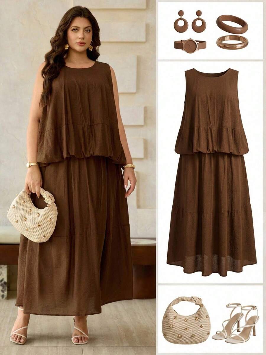 Roveilla Plus Size Women's Spring/Summer French Elegant Luxury Minimalist Design Casual Bohemian Vacation/Work Commute Vintage Style Comfortable Solid Color Semi-Sheer Sleeveless Blouse With Drawstring Waist And Pockets, Long Skirt Women Clothes Women's Dress Brown Dresses Women Casual Dresses Brown Dresses For Women Dress For Women Latest Dress Style For Women - Brown - View 1