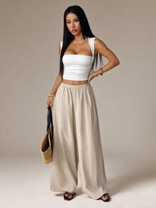 SHEIN PETITE Summer Loose Textured Casual Pants - Apricot - View 7