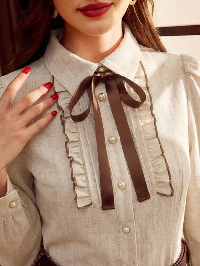 Vintamour Plus Size Vintage Elegant Tie Collar Blouse For Commuting Contrast Trim Bowknot Button Up Casual Blouse Work Vacation Autumn Fall Winter Elegant Blouses Spring Women Spring Break Spring Going Out Top Elegant Blouses For Ladies Elegant Women's Blouses Summer Holiday Spring Break Going Out Top Elegant Blouses For Ladies Bow Shirt Collar Shirt For Women Brown Blouses Tie Up Shirt Spring For Women, Spring Shirt For Women