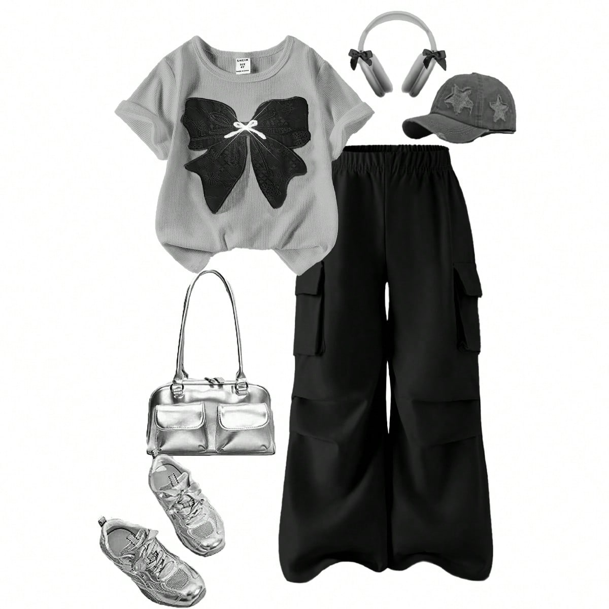 Set de 2 piezas de camiseta de manga corta con cuello redondo y pantalón cargo para niñas preadolescentes, con patrón bordado de lazo. Conjunto de