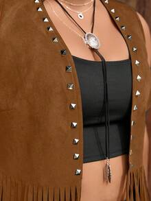 SHEIN Tall CURVE 大码西部牛仔流苏铆钉休闲无袖轻薄外套，适合春、夏、秋季穿着。 - 棕色 - 查看 5