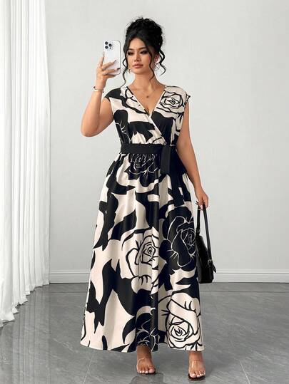 Elenzga Vestido elegante de talla grande con cuello en V ajustado y estampado floral sin mangas, diseño de cintura con lazo estilizador, versátil para uso diario, trabajo, fiesta, cita, sesión de fotos