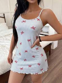 ZzzCrew Fashionable Striped Bow Print Camisole Nightgown - Multicolor - View 1