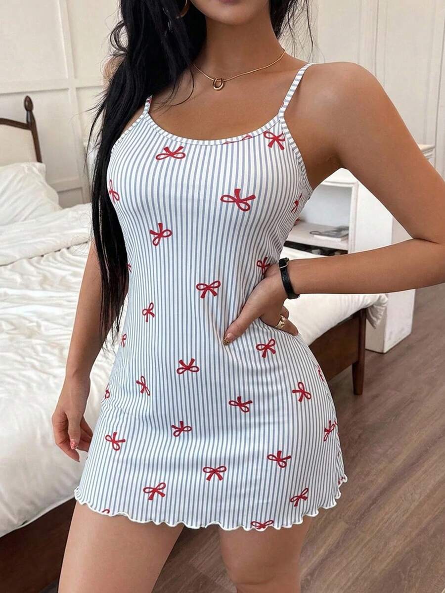 ZzzCrew Fashionable Striped Bow Print Camisole Nightgown - Multicolor - View 1