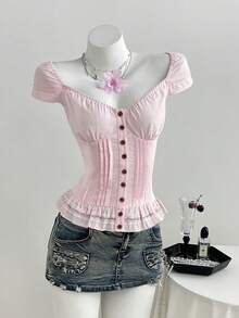 Elamini Women's Solid Color Pleated Casual Versatile Daily Wear Shirt - Pink - View 3