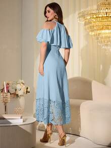 Modelyn Sweet & Youthful Yellow Elegant Ruffle Off-Shoulder Embroidered Patchwork Mid-Length Dress For Women - Blue - View 7