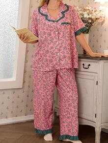 Elorette Plus Size Women's Floral Print PJS, Decorated With Ruffle Trim And Pockets, Suitable For Indoor And Outdoor Wear - Pink - View 3