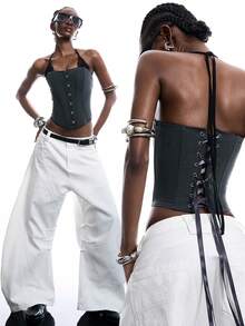 LYSMO Women's Contrast Lace Front Button Halter Neck Camisole - Light Grey - View 8