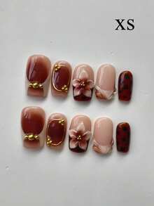 10 Pieces Y2K Gradient Amber Square Metal Texture Gilded Handmade French Manicure 3D Carved Wearable Press On Nails High End Versatile Daily Wear For Women Nail Art Supplies False Nails Home Salon Gift - Brown - View 12