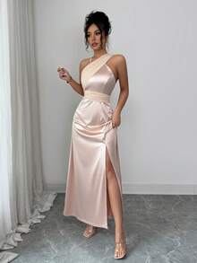 SHEIN Raffinéa Đầm phù dâu thanh lịch, tối giản, có thể biến tấu, một vai, xẻ tà, dáng dài ôm sát dành cho phụ nữ. - Rượu sâm banh - Xem 6