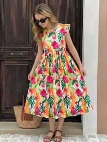 Sparklyn Vestido de manga corta con cintura ceñida y estampado floral retro para niña preadolescente - Multicolor - Ver 1