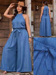 Nubod Plus Size Denim Effect Halter Top + Wide Leg Pants 2 Pieces Set - Blue - View 1