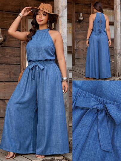 Nubod Conjunto de 2 piezas de top halter con efecto de mezclilla + pantalones de pierna ancha en talla grande