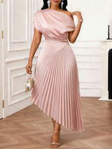 SHEIN Lady 大码印花V领荷叶边短袖度假/约会连衣裙 - 粉色 - 查看 1