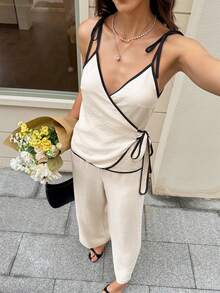 Serisse 女士优雅两件套：撞色滚边裹身式上衣和长裤 - 杏色 - 查看 4
