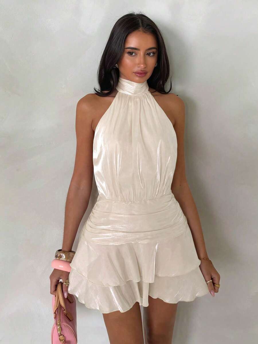 Glamine Women's Cream White Satin Halter Neck Backless Mini Dress,Elegant Summer Tropical Cocktail Outfit, Double Ruffle Hem A-Line Skirt For Party