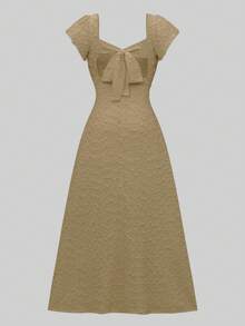 xheRafferiza Vestido largo elegante y delgado de unicolor con espalda descubierta, lazo y mangas de loto con abertura alta, para vacaciones y citas en primavera/veranoxhe - Caqui - Ver 4